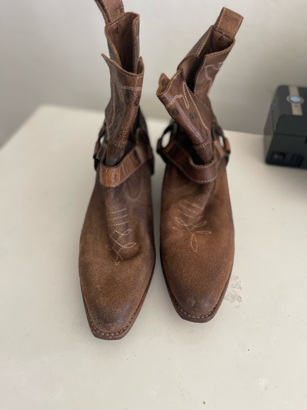Bed Stu Brown Distressed Leather Harness Ankle Boots - Picture 3 of 9